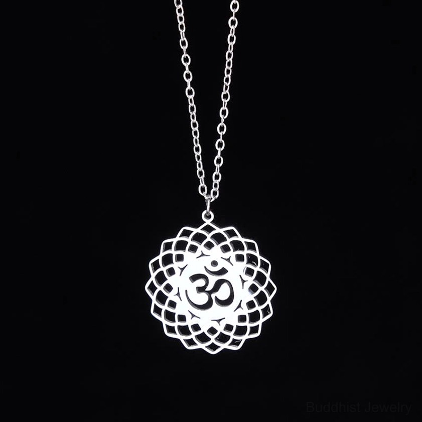 Om lotus Buddhist necklace pendant handmade stainless steel multiple views