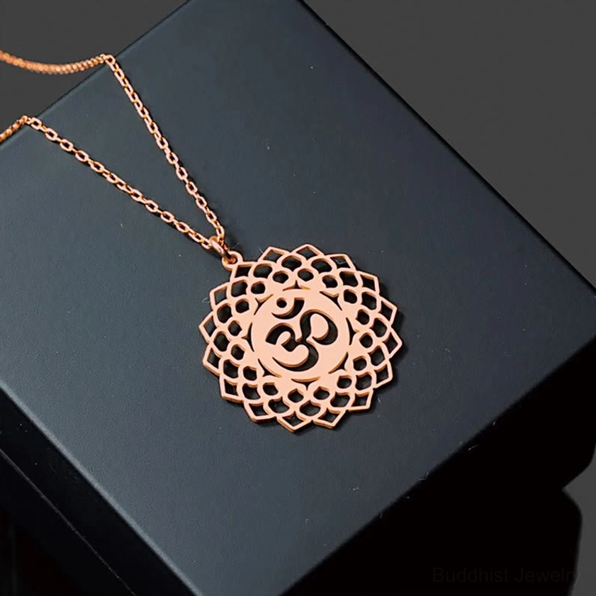 Rose gold Om lotus Buddhist pendant necklace handmade stainless steel