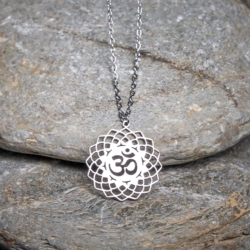 Silver stainless steel Om lotus Buddhist pendant necklace with adjustable chain