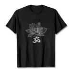 Om lotus sketch cotton tee flat lay front view black with white line art design