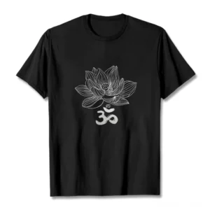 Om lotus sketch cotton tee flat lay front view black with white line art design