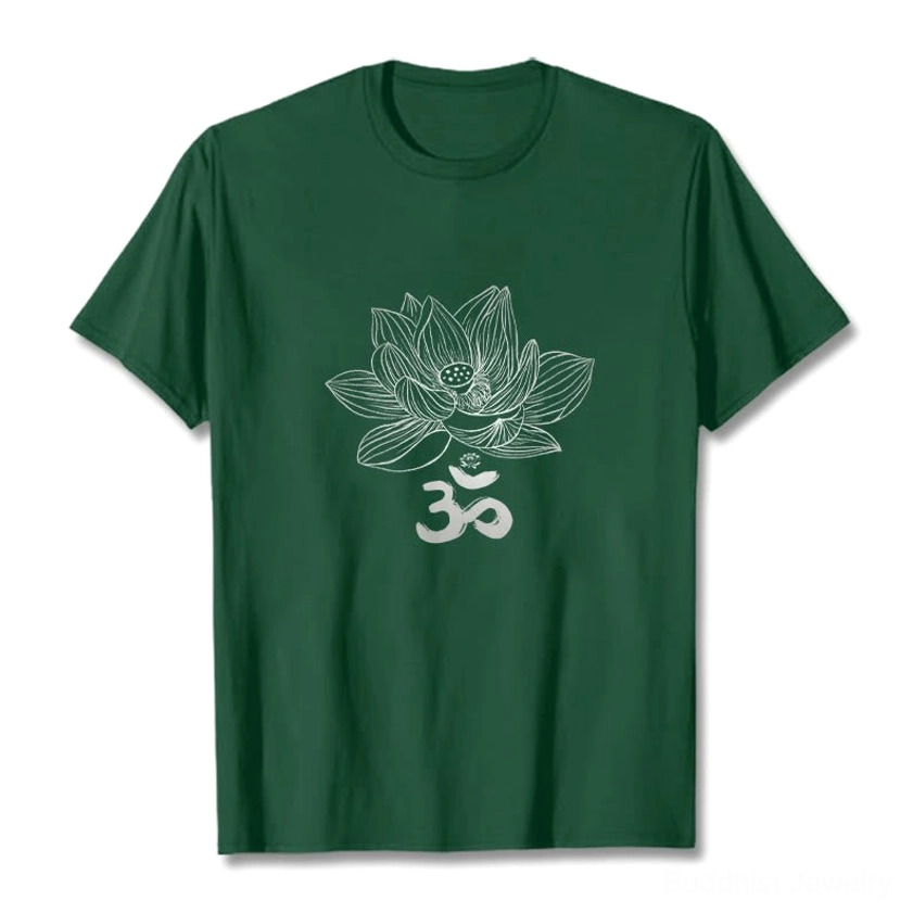 Om lotus sketch cotton tee flat lay dark green with white line art print