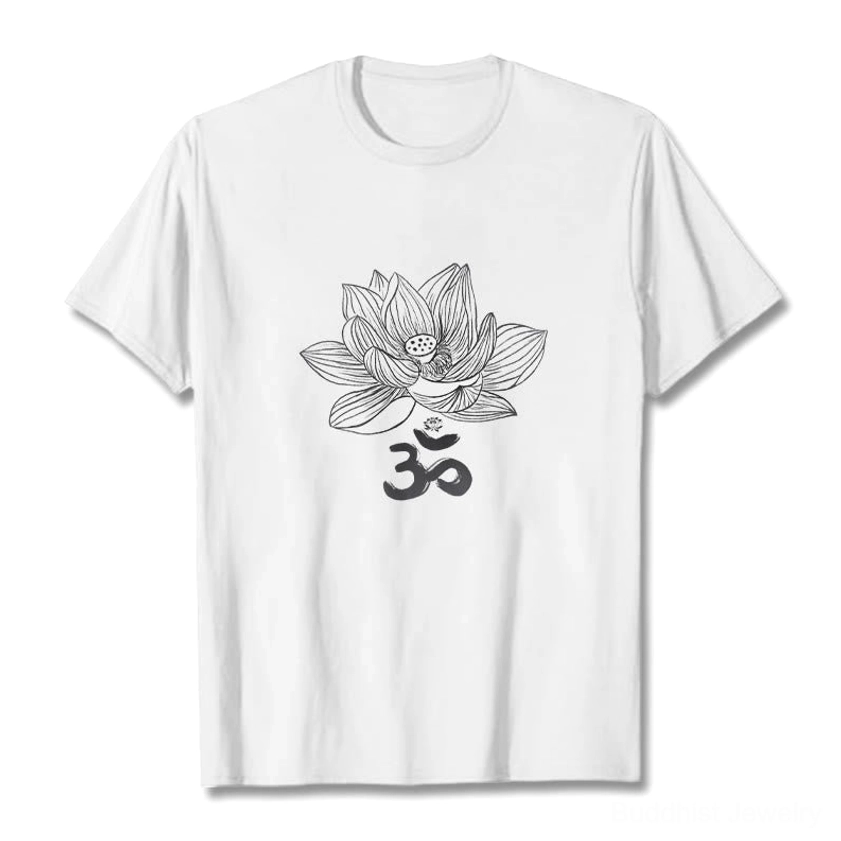 Om lotus sketch cotton tee flat lay white with black line art print crew neck