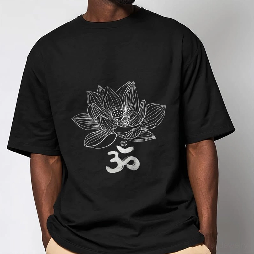 Unisex Om lotus sketch crew neck tee white print on black cotton front view