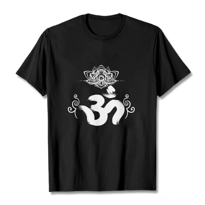 Black Om lotus Buddhist t-shirt flat lay white print spiritual wear