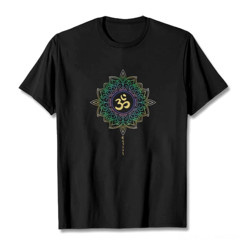 Black OM Lotus cotton t-shirt flat lay featuring centered spiritual graphic design on white background