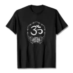 OM lotus spiritual cotton t-shirt front view flat lay with white ink print on black fabric