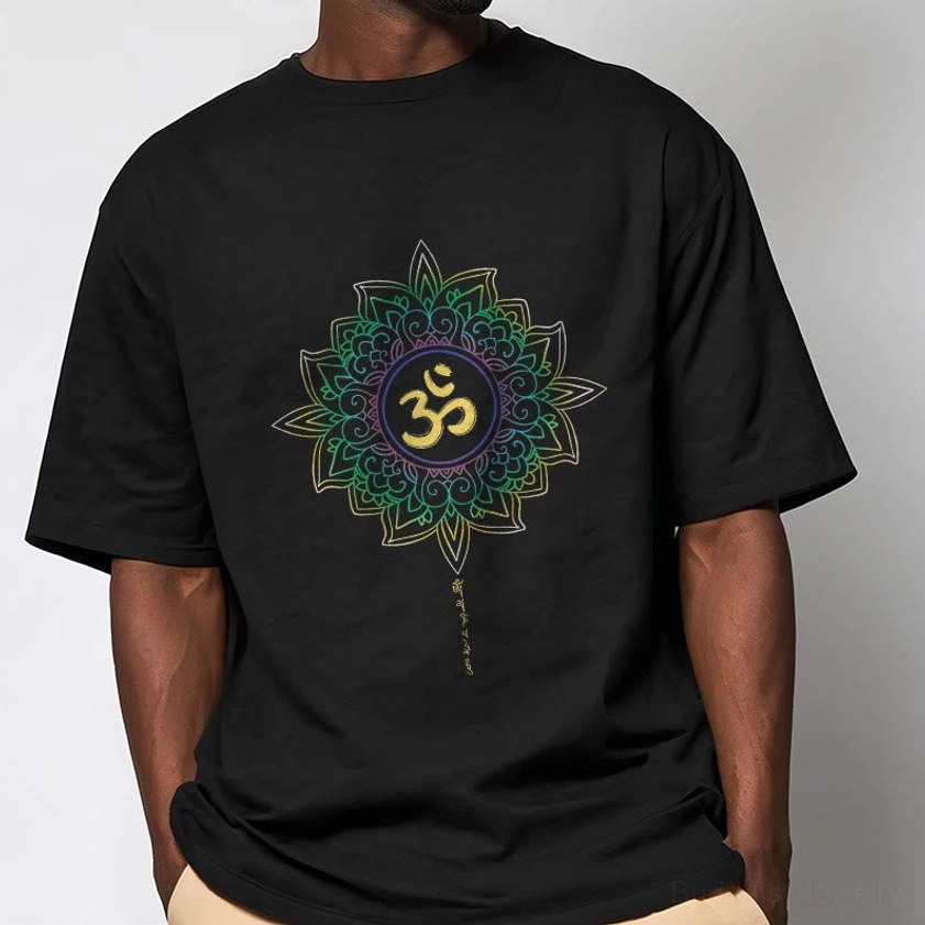 Male model wearing black OM Lotus cotton graphic tee relaxed unisex fit