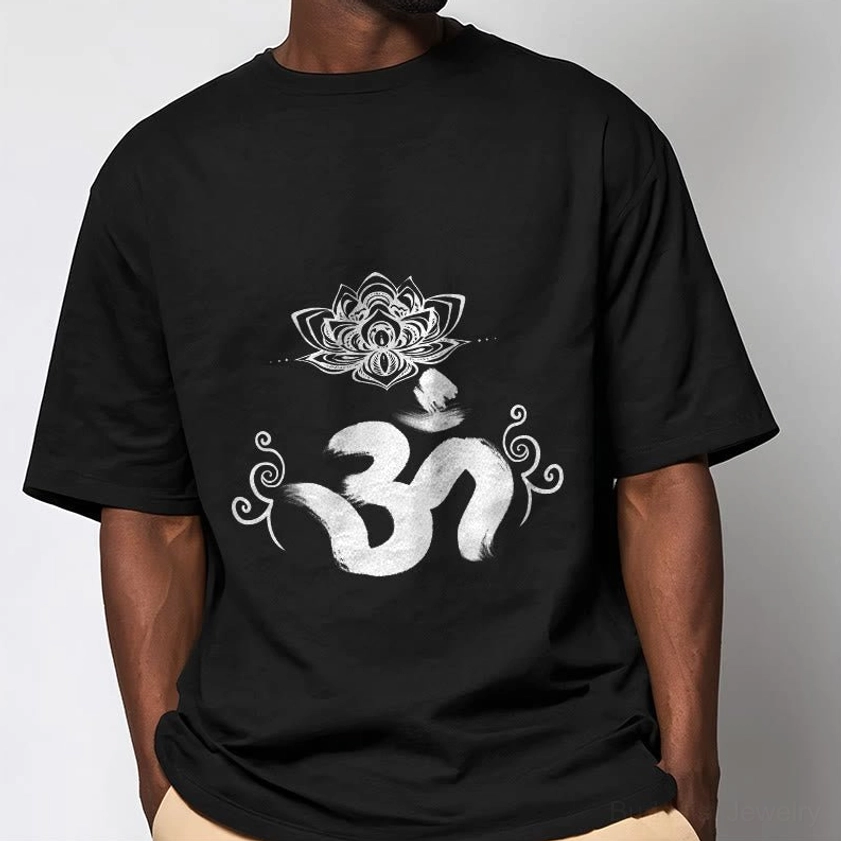 Man wearing black Om lotus spiritual t-shirt Buddhist design studio shot