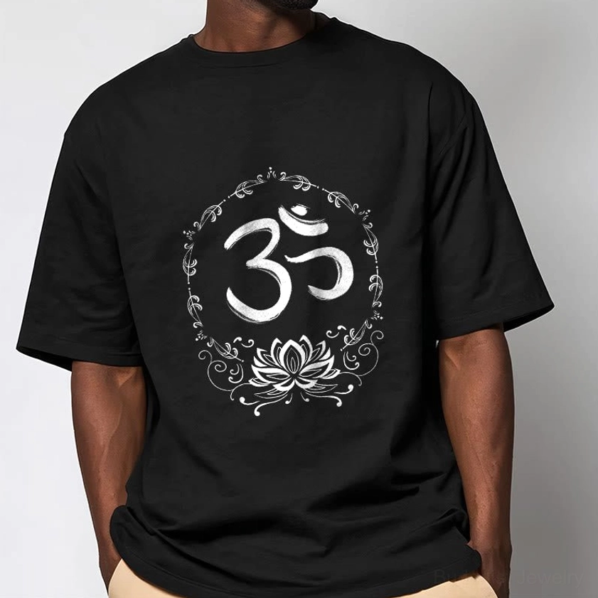 Buddhist OM lotus cotton tee on male model three-quarter front view studio shot