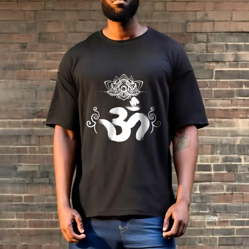 Outdoor street style black Om lotus t-shirt with blue denim spiritual graphic