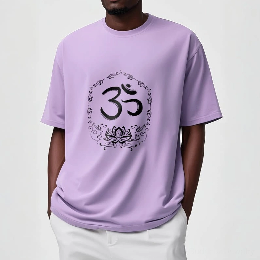 OM lotus cotton t-shirt flat lay showing color options black white green available