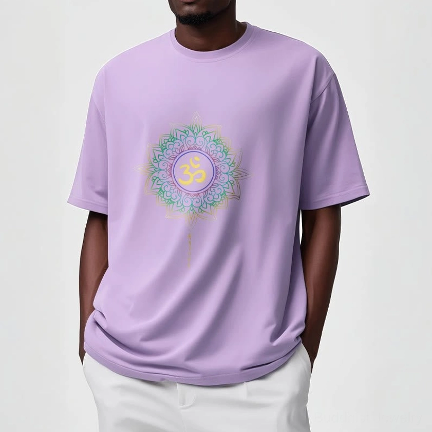 Female model wearing cream beige OM Lotus Buddhist spiritual graphic t-shirt