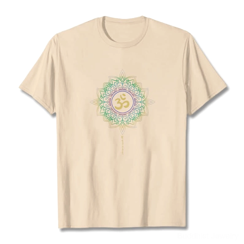 Cream beige OM Lotus Buddhist t-shirt flat lay with lotus and OM symbol print