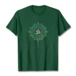 OM Lotus cotton t-shirt flat lay with dark green color and vibrant golden-yellow lotus graphic on white background