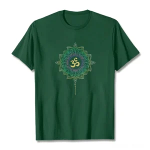 OM Lotus cotton t-shirt flat lay with dark green color and vibrant golden-yellow lotus graphic on white background
