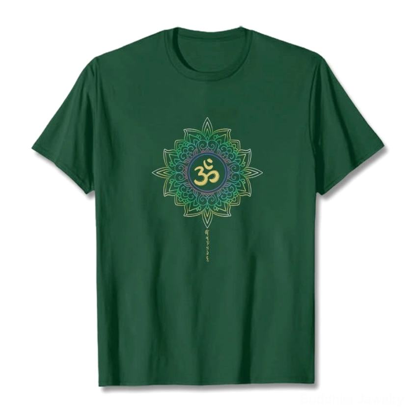 OM Lotus cotton t-shirt flat lay with dark green color and vibrant golden-yellow lotus graphic on white background