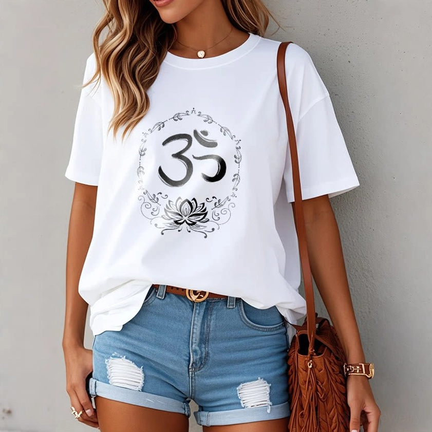 OM lotus print cotton t-shirt unisex Buddhist spiritual graphic crew neck tee