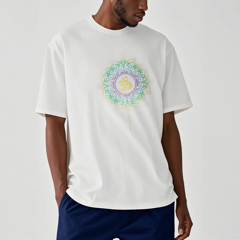 OM Lotus t-shirt fabric detail showing premium 100% cotton texture and screen print quality