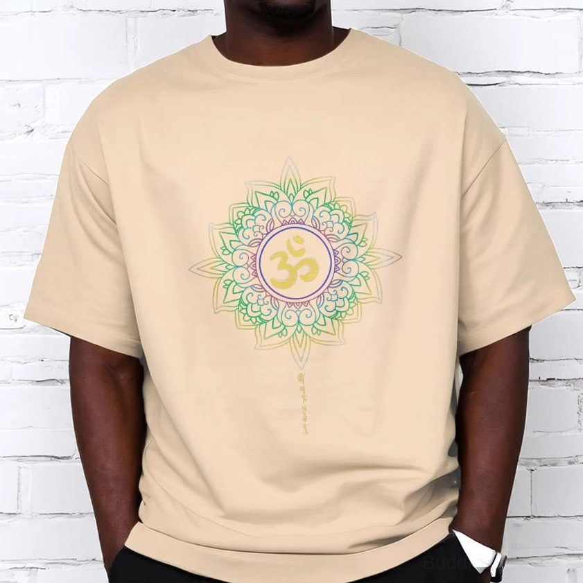OM Lotus cotton t-shirt detail shot showing vibrant golden-yellow and pink gradient lotus flower graphic