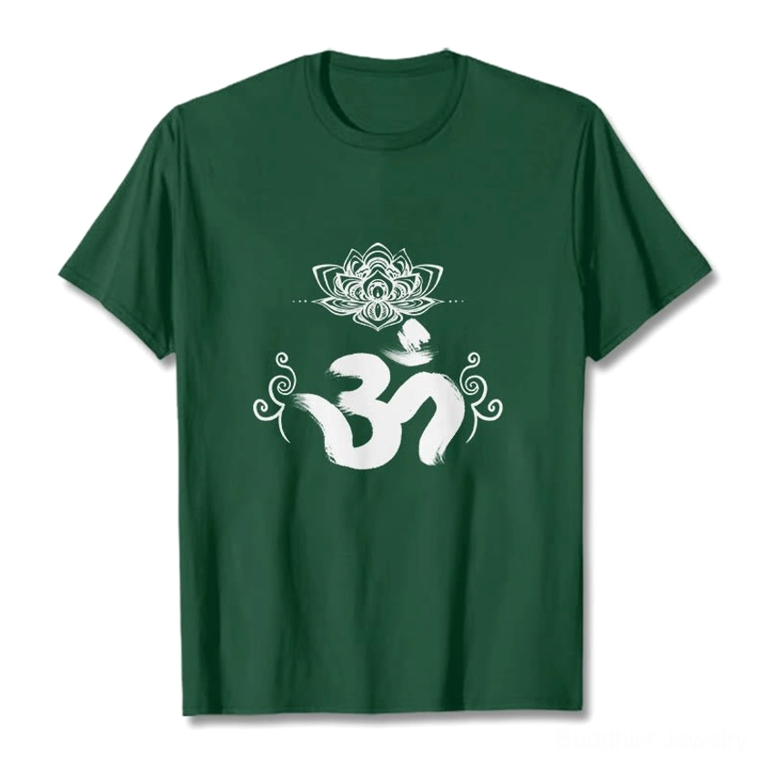 Dark green Om lotus Buddhist t-shirt flat lay white print spiritual design