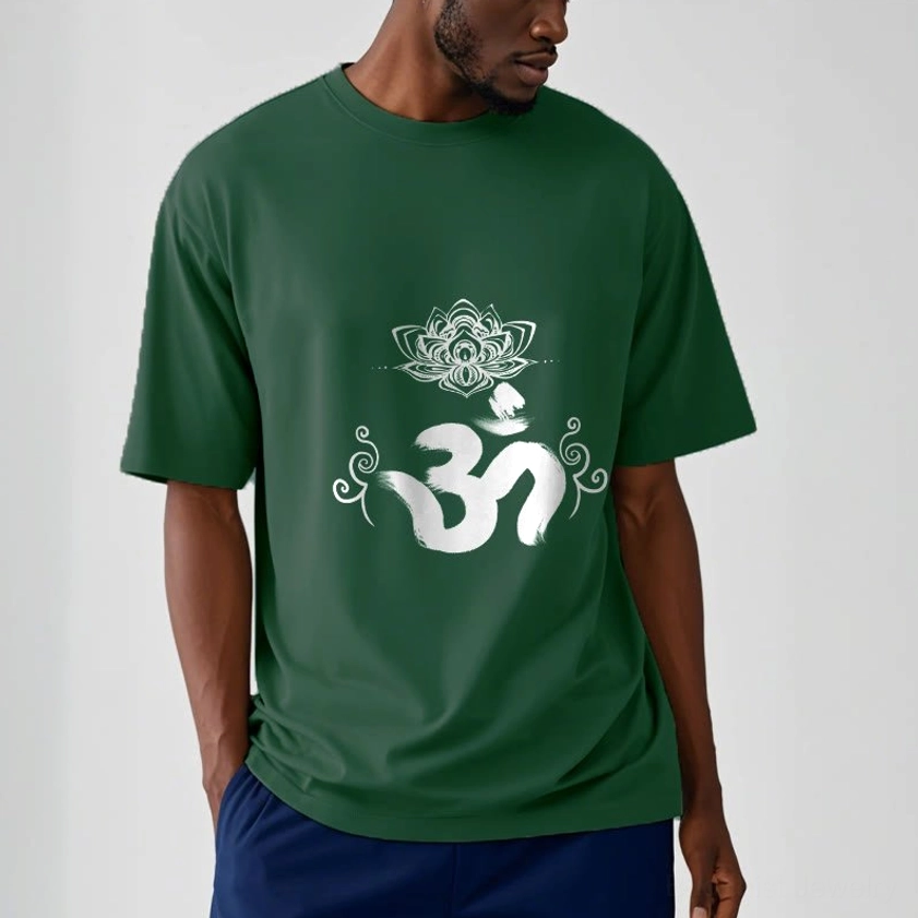 Men wearing dark green Om lotus t-shirt Buddhist graphic studio portrait
