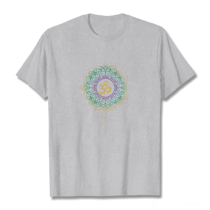 Light gray OM Lotus cotton t-shirt flat lay with centered lotus and OM graphic on white studio background