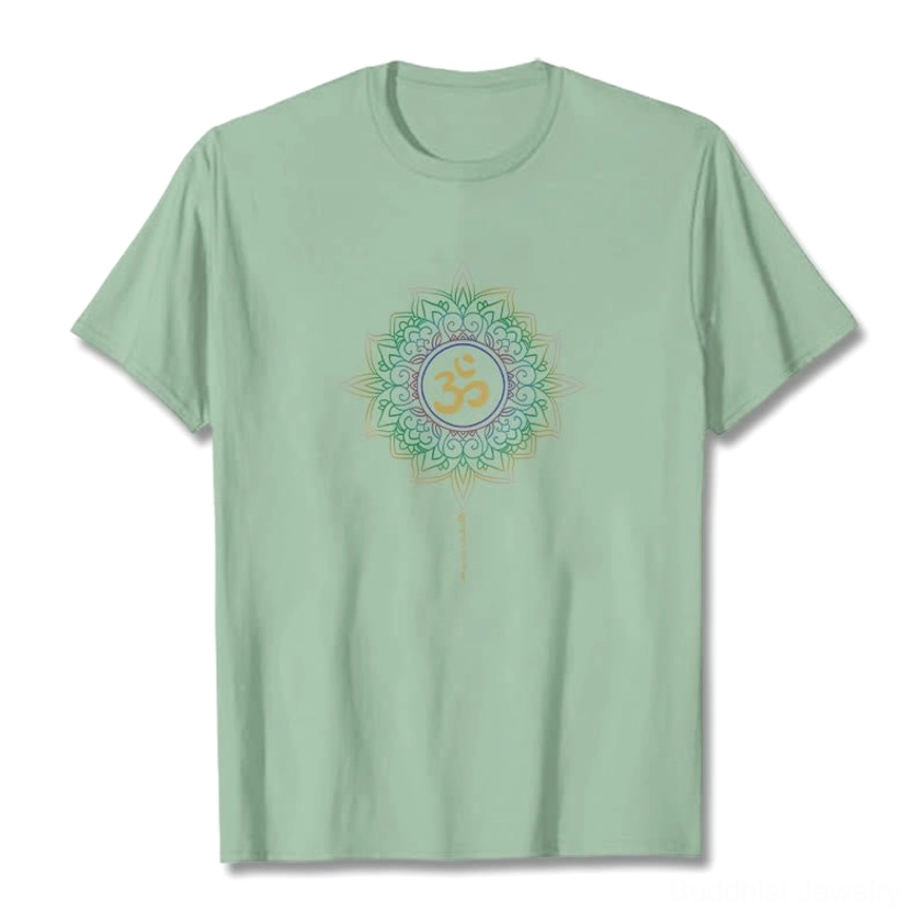 Light gray OM Lotus cotton t-shirt flat lay featuring vibrant lotus and OM spiritual symbol