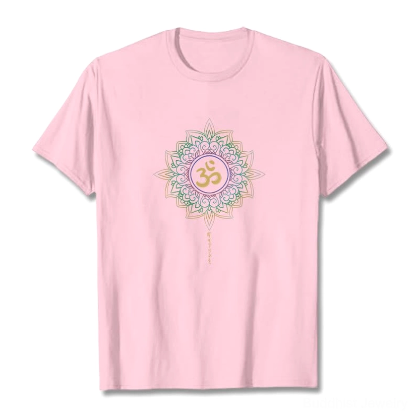 Light pink OM Lotus Buddhist cotton t-shirt flat lay with vibrant golden lotus spiritual design