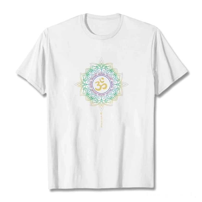 Light pink OM Lotus cotton t-shirt flat lay with centered Buddhist spiritual design on white background