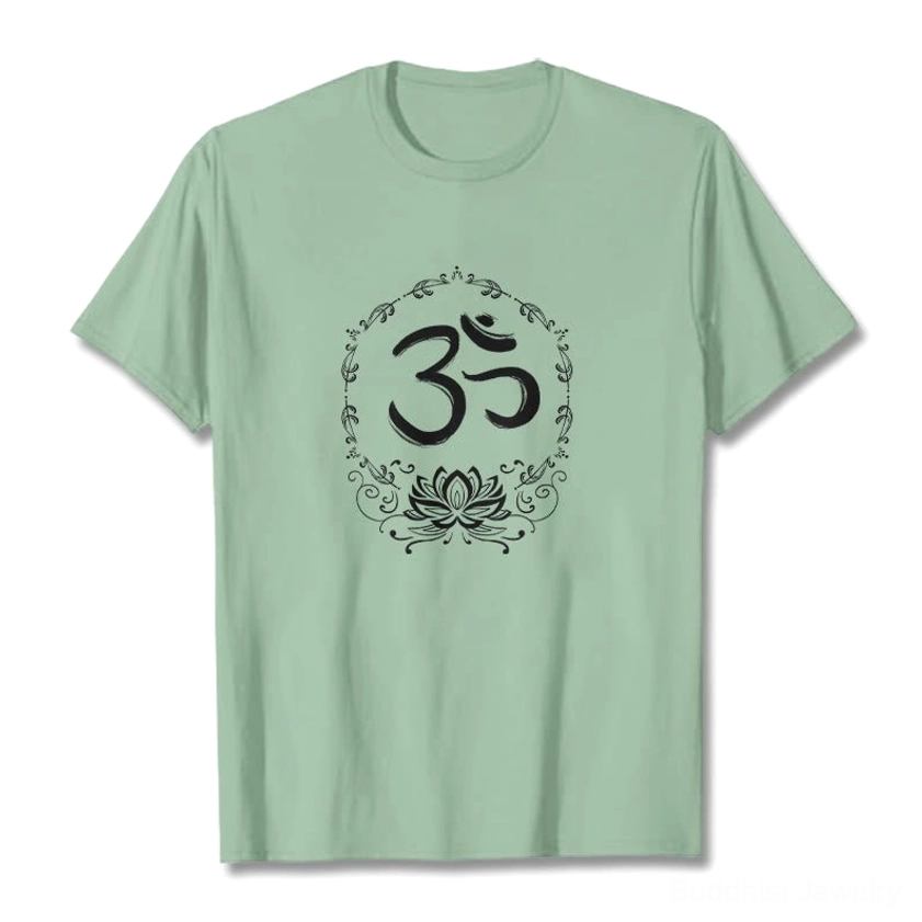 Buddhist OM lotus tee in pale green showing comfort fit and fabric quality premium cotton