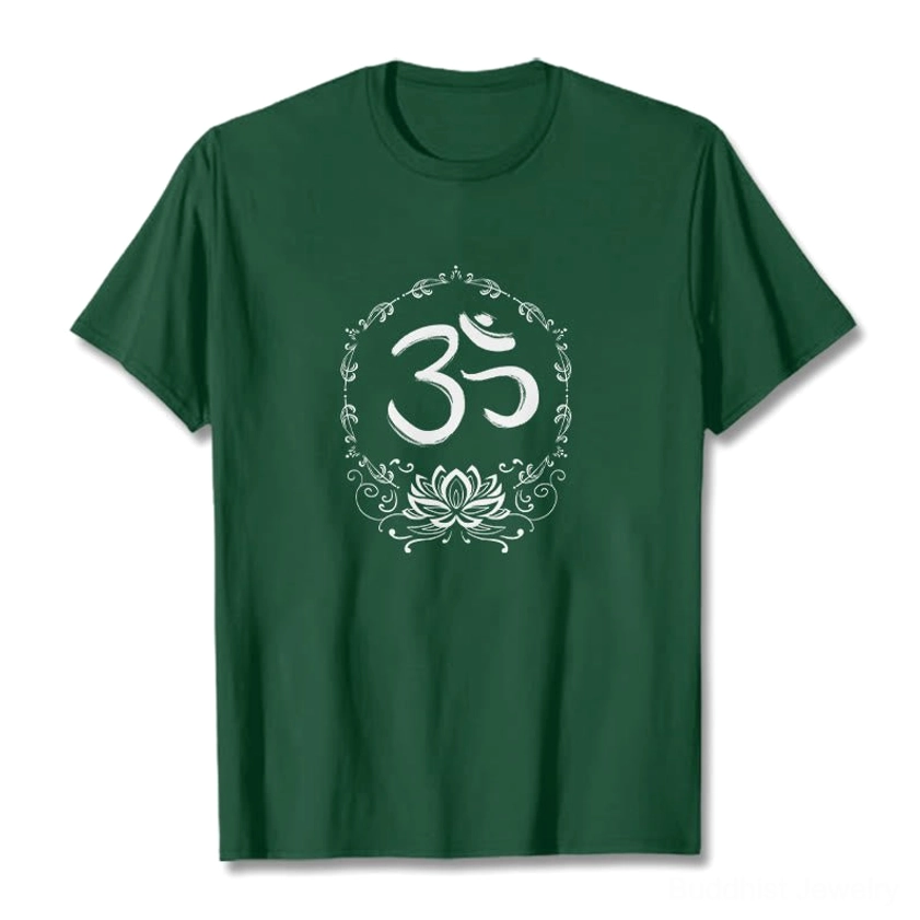 OM lotus spiritual cotton tee in pale green flat lay front view with white print design