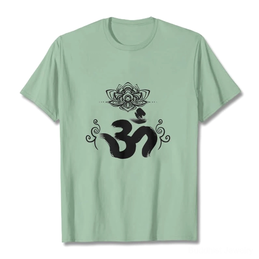 Pale green Om lotus Buddhist t-shirt spiritual design studio model shot