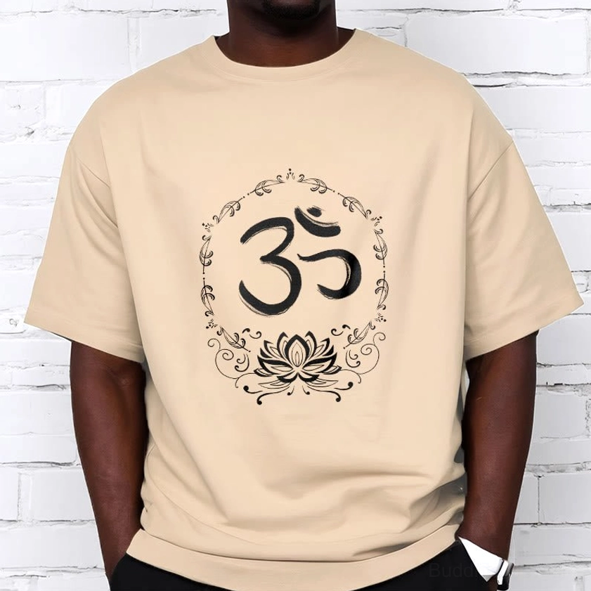 Female model wearing OM lotus t-shirt in pale green comfortable fit front view