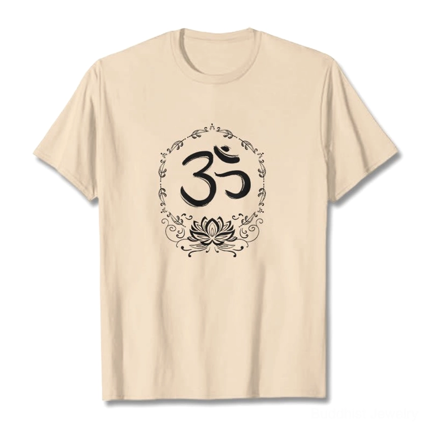 Buddhist OM lotus tee in plum color showing back view and fit demonstration