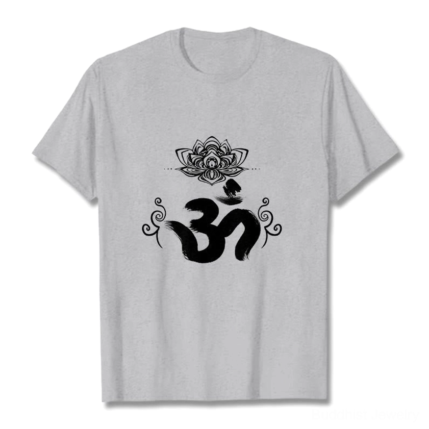 Plum purple Om lotus t-shirt Buddhist spiritual design flat lay detail shot