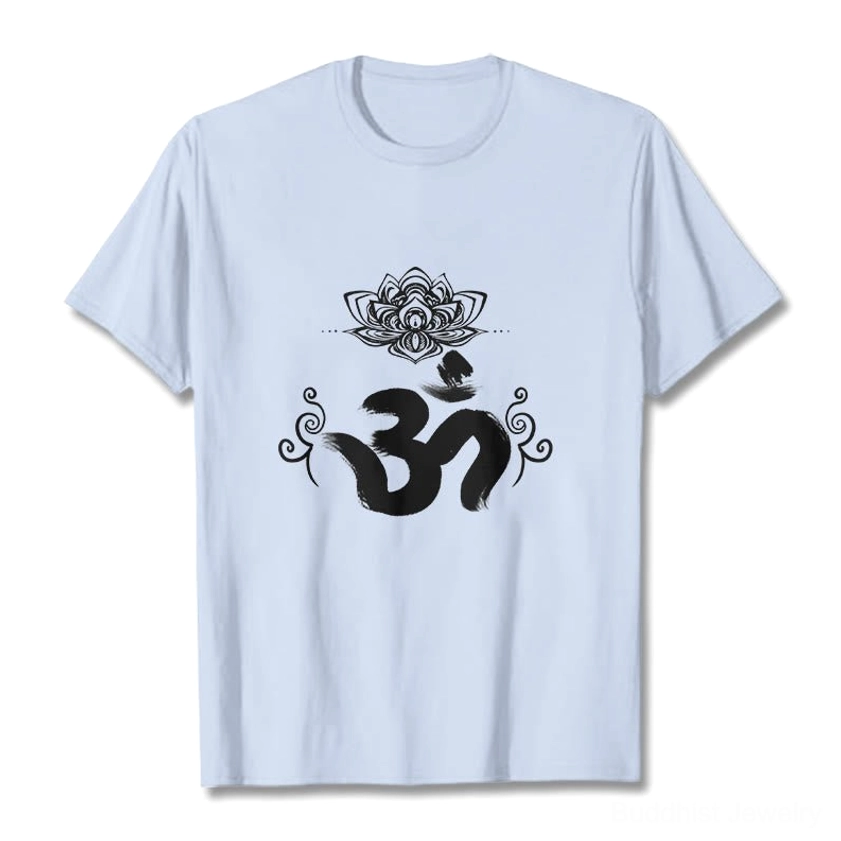 Men wearing plum purple Om lotus t-shirt Buddhist spiritual design model