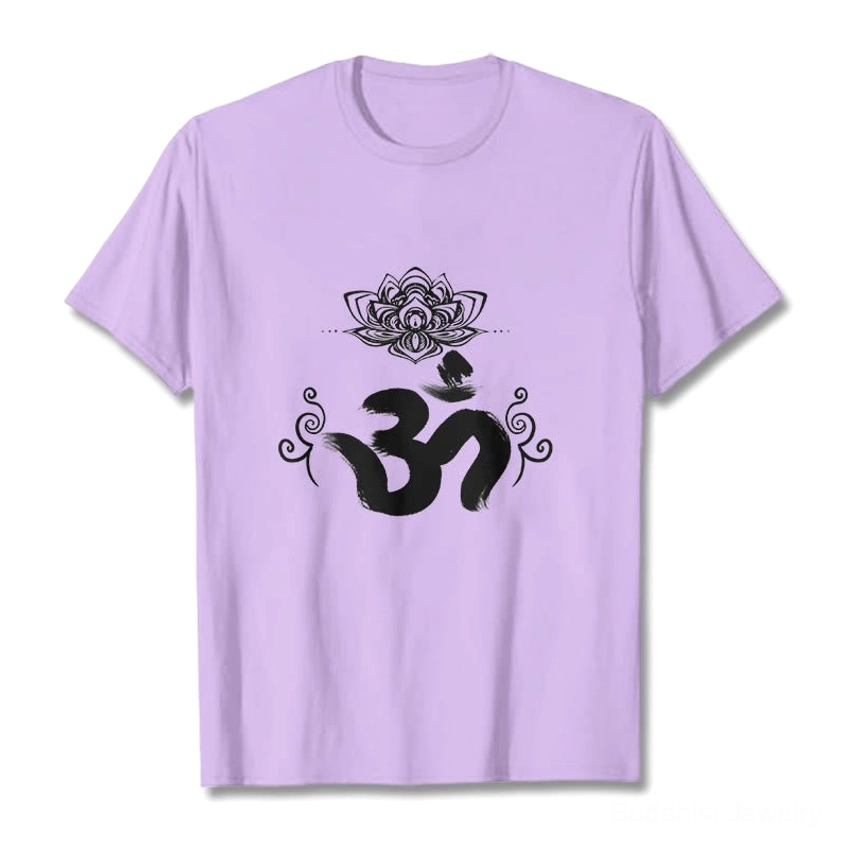 Man wearing plum purple Om lotus spiritual t-shirt Buddhist graphic design