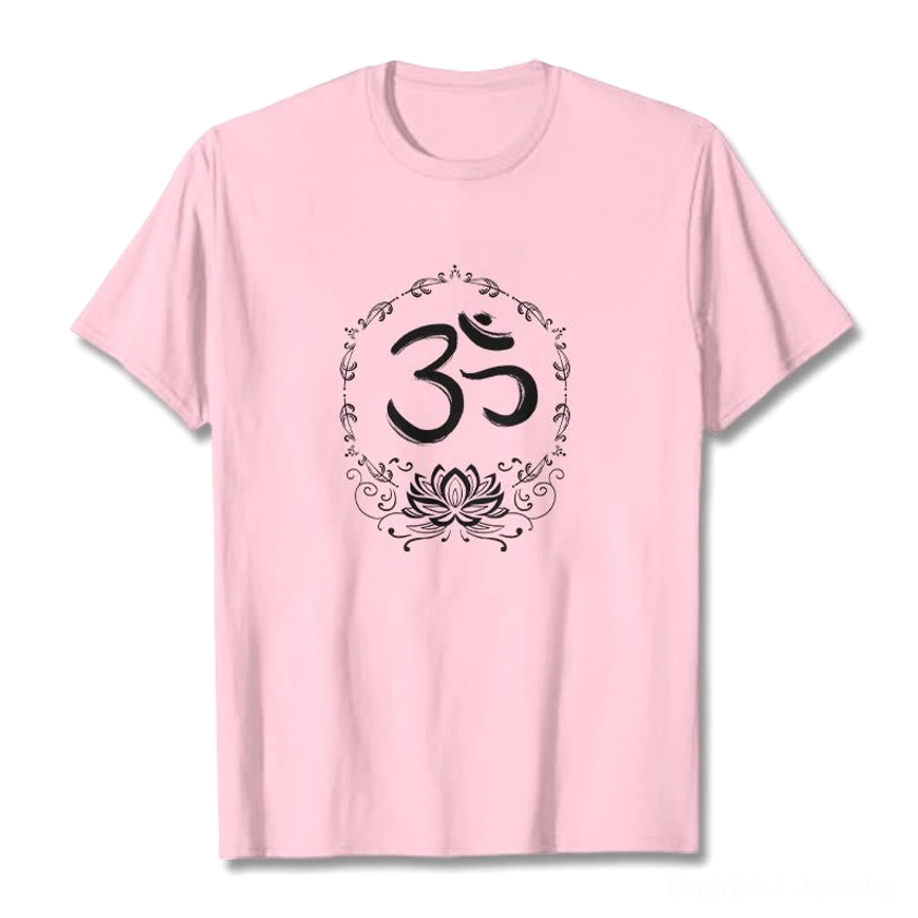 OM lotus graphic tee detail shot showing white ink print quality and design clarity