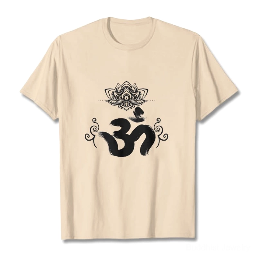 Om lotus t-shirt detail close-up white ink print quality spiritual graphic