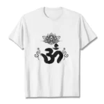 Om lotus Buddhist t-shirt white cotton flat lay front view spiritual graphic tee