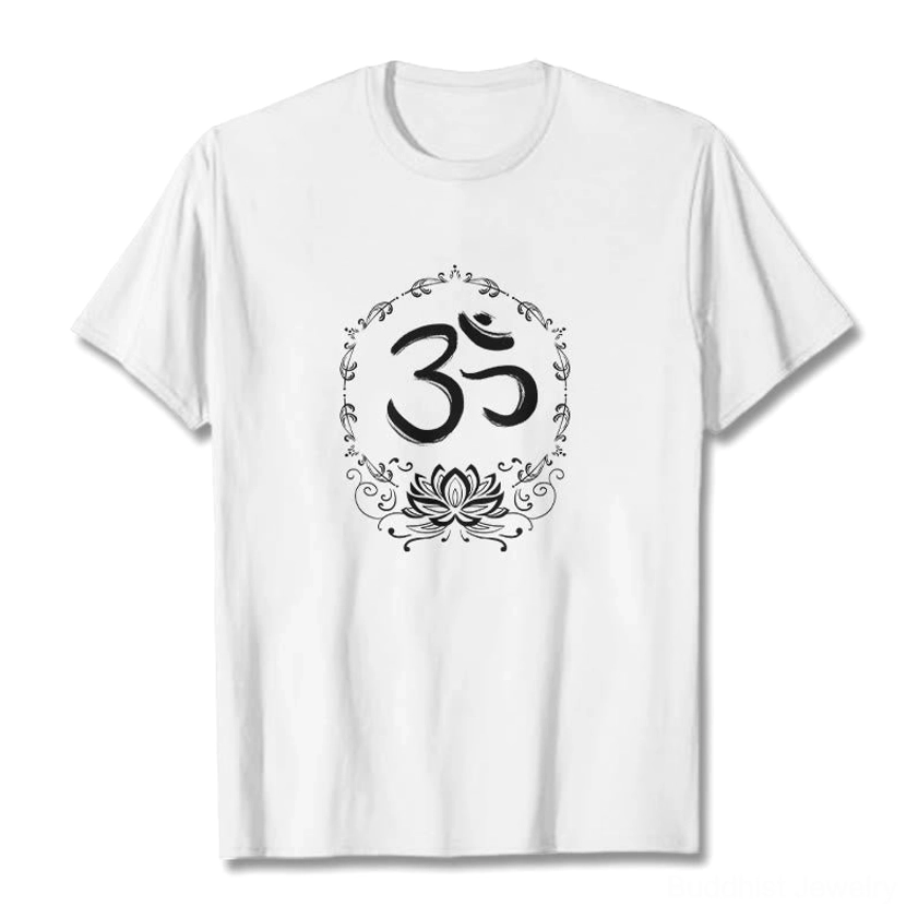 OM lotus graphic cotton t-shirt in white flat lay front view with black spiritual print
