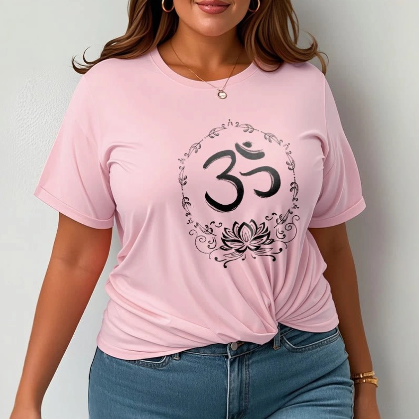 Male model wearing white OM lotus t-shirt front view showing crew neck and graphic placement