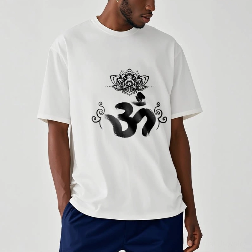 Men wearing white Om lotus spiritual t-shirt Buddhist graphic design studio shot