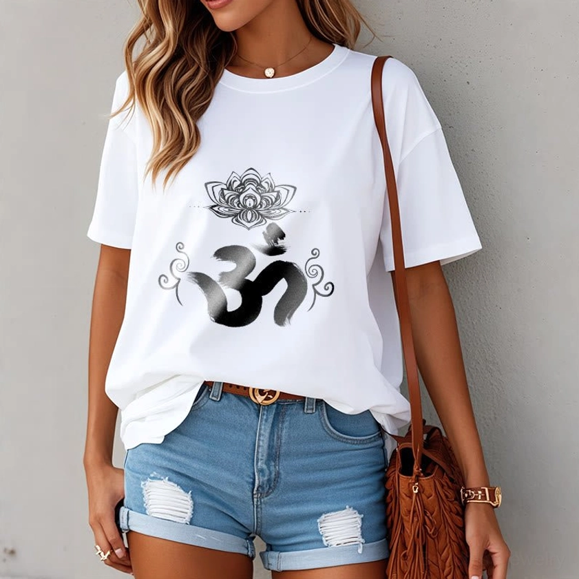 Women wearing white Om lotus graphic t-shirt casual style with denim shorts