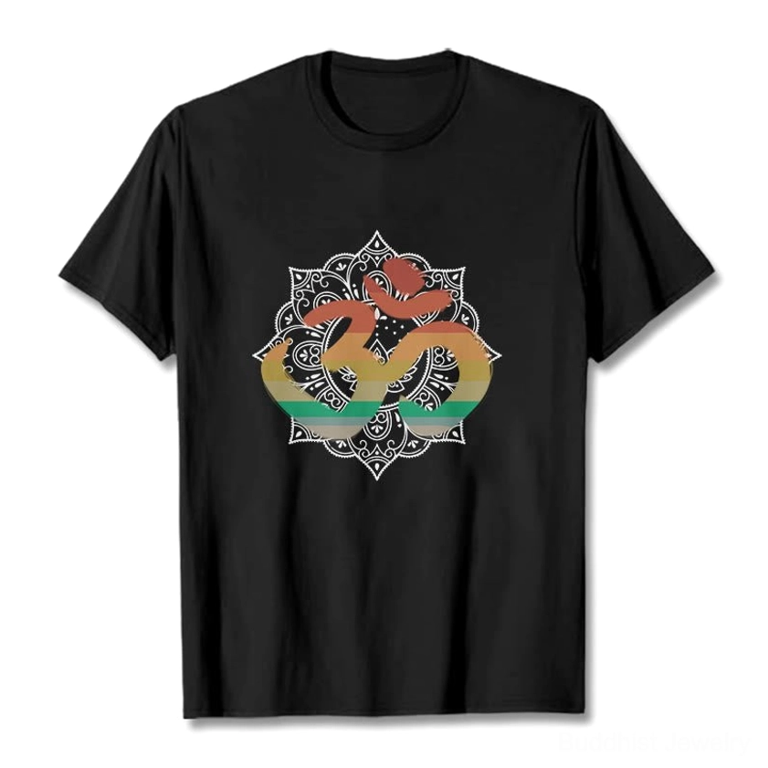 Black Om mandala gradient Buddhist cotton t-shirt with sacred symbol spiritual design