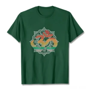 Dark green Om mandala gradient Buddhist cotton t-shirt flat lay front view with sacred symbol print