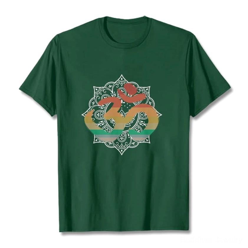 Dark green Om mandala gradient Buddhist cotton t-shirt flat lay front view with sacred symbol print
