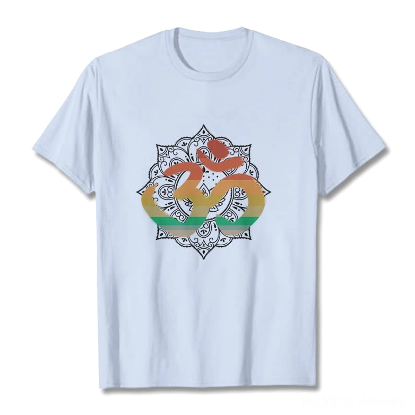 Light cyan Om mandala Buddhist cotton t-shirt front view with gradient spiritual print