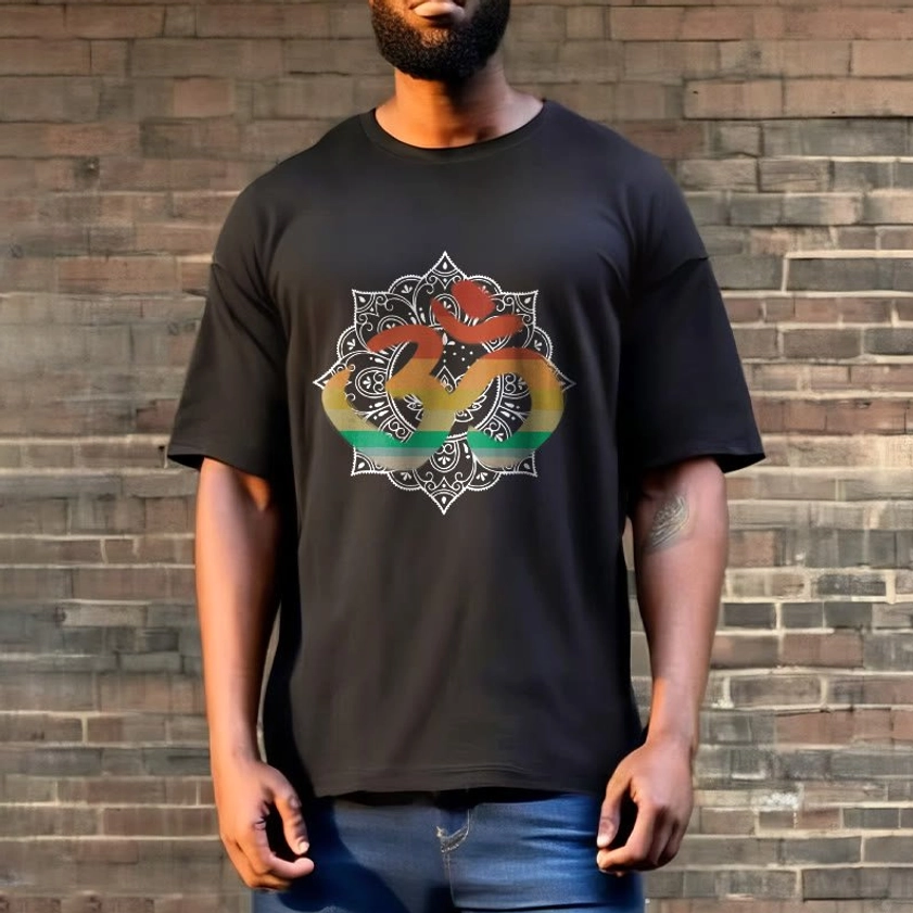 Light cyan Buddhist Om mandala gradient cotton t-shirt front view with sacred geometric design